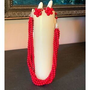 Vintage Hongkong 5-strand Red Beads Twist Necklace Set, in Silver tone, Marked